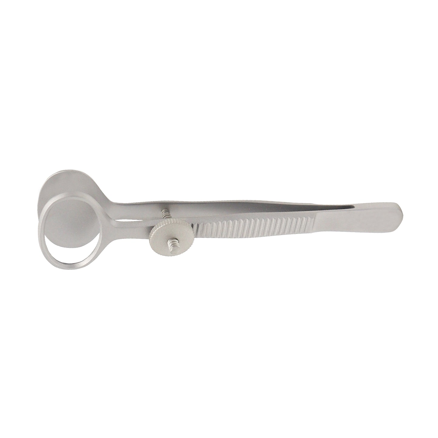 A silver Desmarres Chalazion Forceps with a large outer diameter and a looped handle.