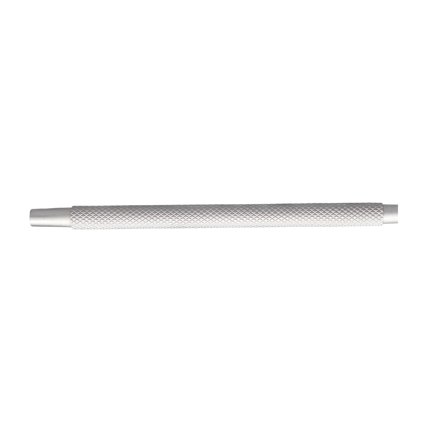 Straight-on view of a silver hardened carbon steel center punch featuring a textured diamond knurled grip handle for metalworking and drilling preparation.