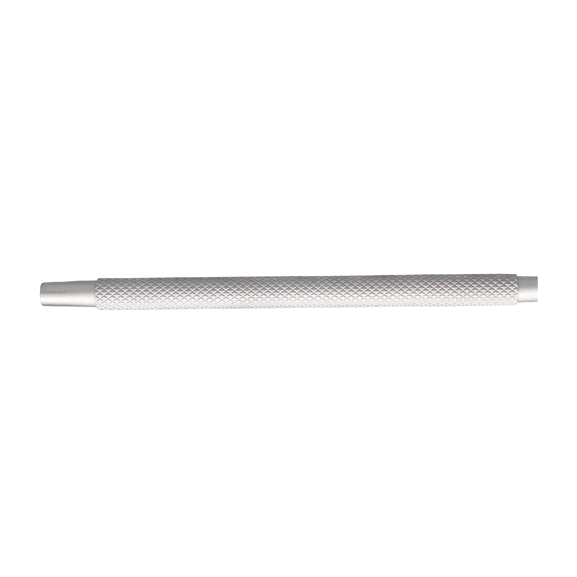 Straight-on view of a silver hardened carbon steel center punch featuring a textured diamond knurled grip handle for metalworking and drilling preparation.