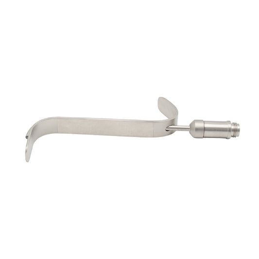 A silver nasal retractor with a curved blade and a hinge mechanism.