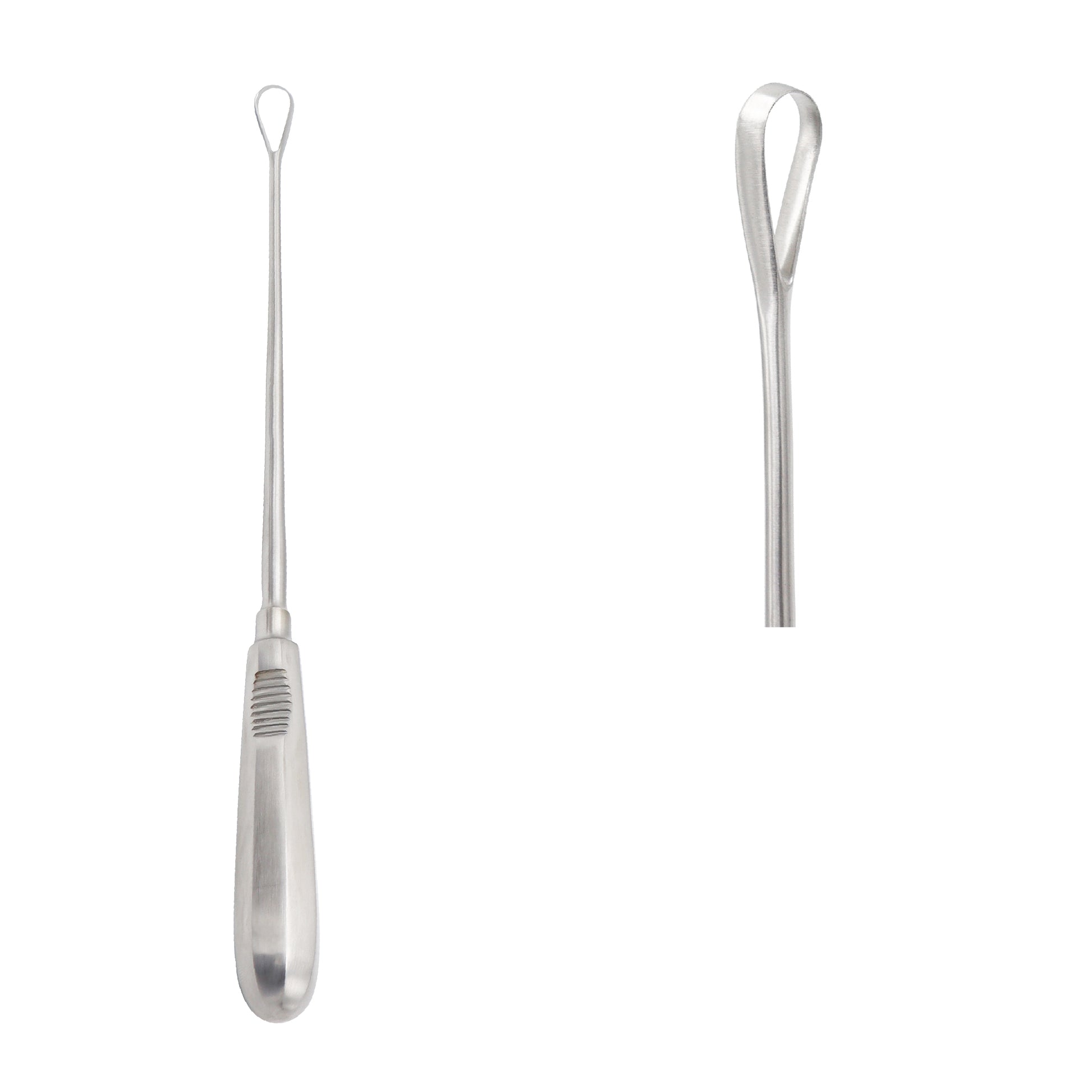 Stainless steel Sims Uterine Curette featuring a grooved pear-shaped handle and a teardrop fenestrated sharp loop tip for gynecological surgical procedures.