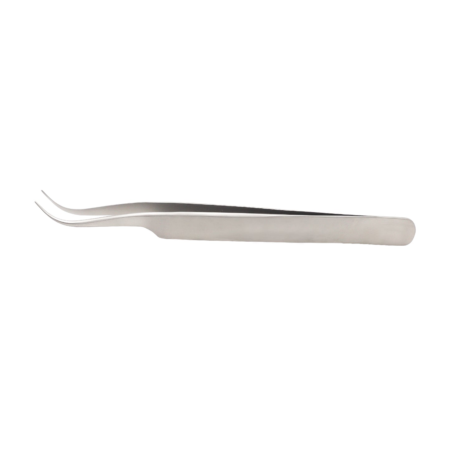 A single curved jewelers forceps made of stainless steel, with a pointed tip and a curved shaft.