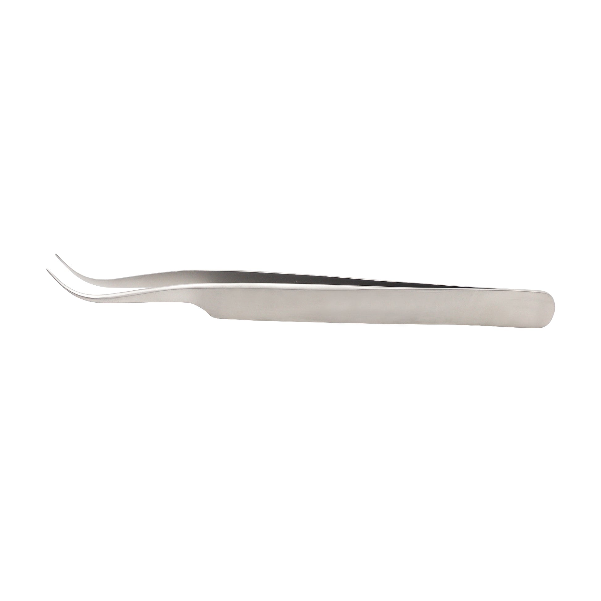A single curved jewelers forceps made of stainless steel, with a pointed tip and a curved shaft.