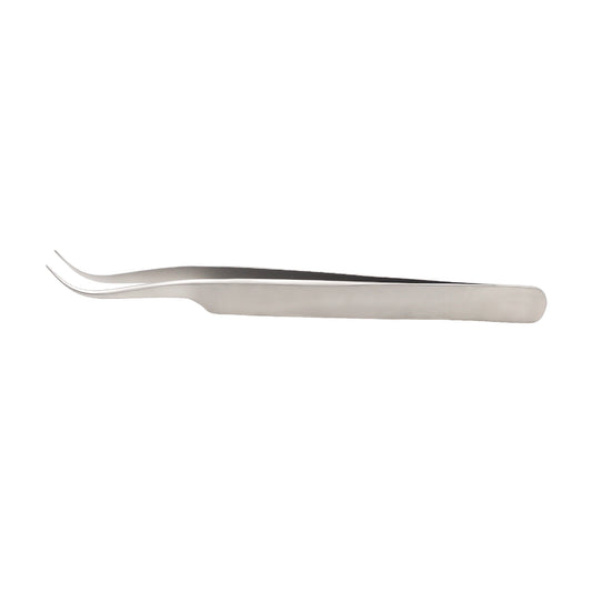 A single curved jewelers forceps made of stainless steel, with a pointed tip and a curved shaft.
