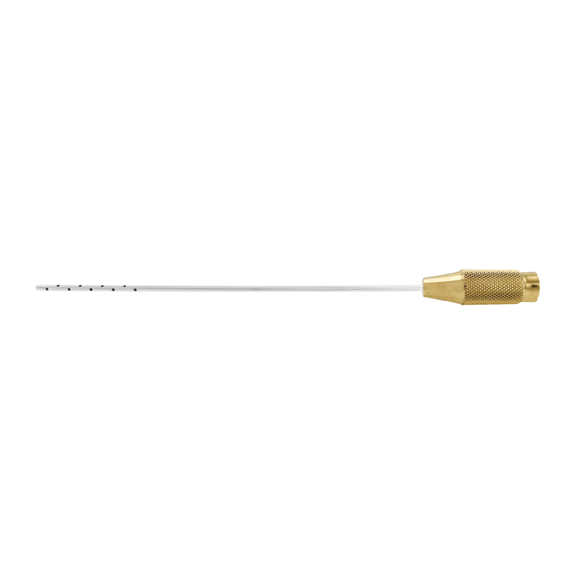 A single-ended liposuction cannula with 18 holes, featuring a metallic tip and a gold-toned connector.