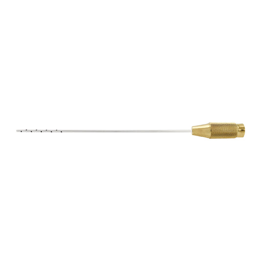 A single-ended liposuction cannula with 18 holes, featuring a metallic tip and a gold-toned connector.