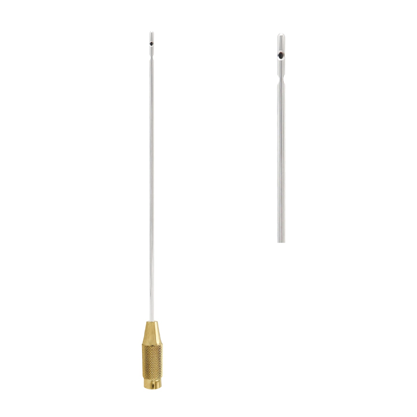 A precision liposuction cannula with a silver-toned surgical steel shaft and a textured gold-plated handle.