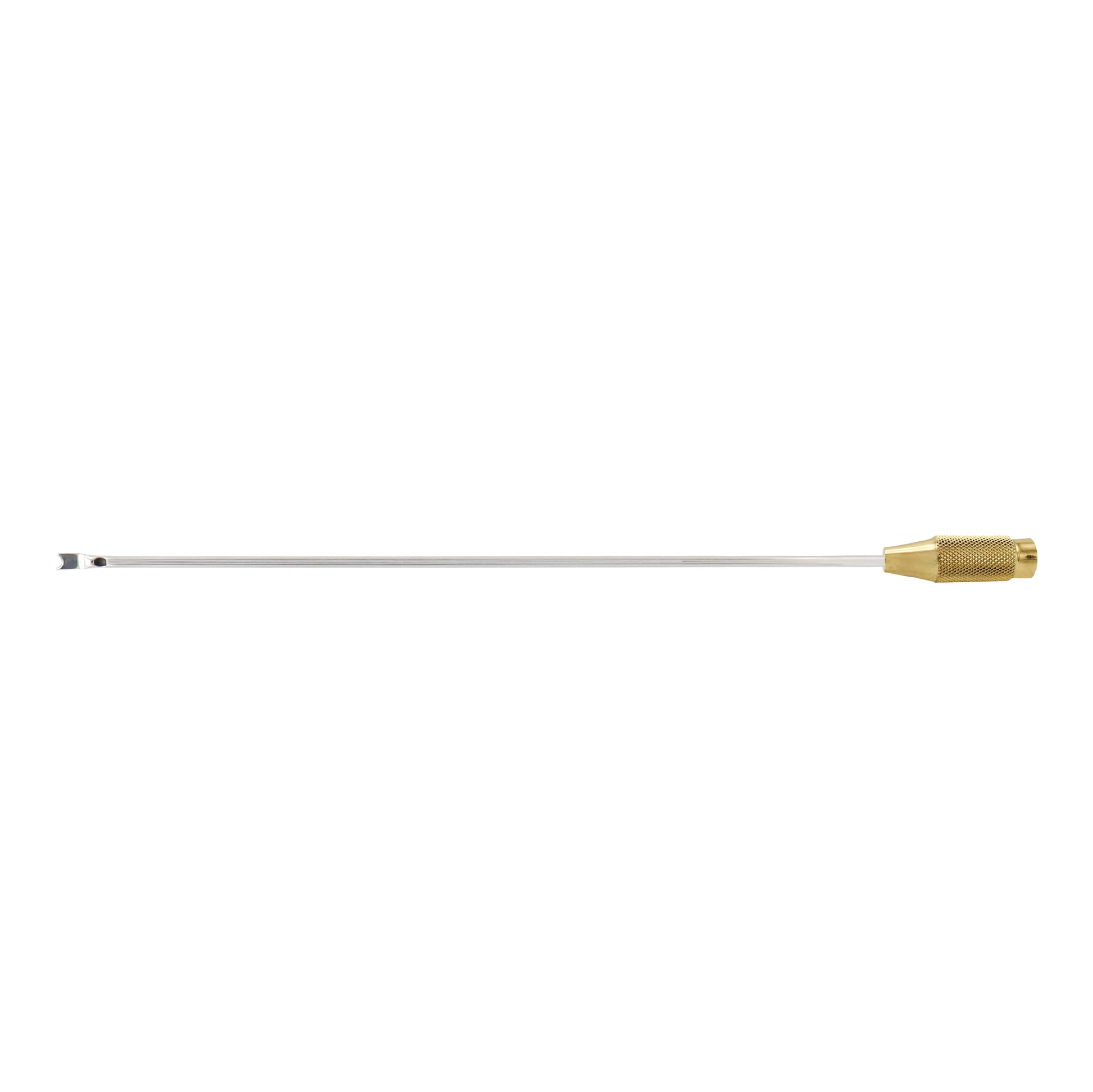 A single liposuction cannula with a central hole, featuring a metallic tip and a clear flexible tube.