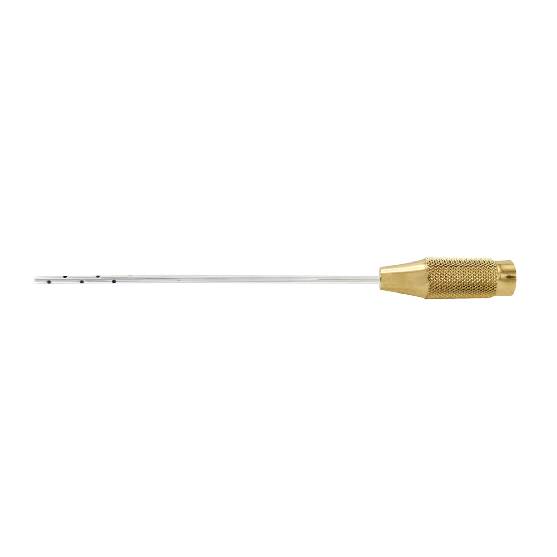 A single liposuction cannula with a metal tip and a gold-colored hole near the tip, against a white background.