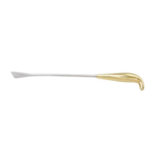 A single spatulated breast dissectors blade with a golden-colored handle and a silver-colored blade.