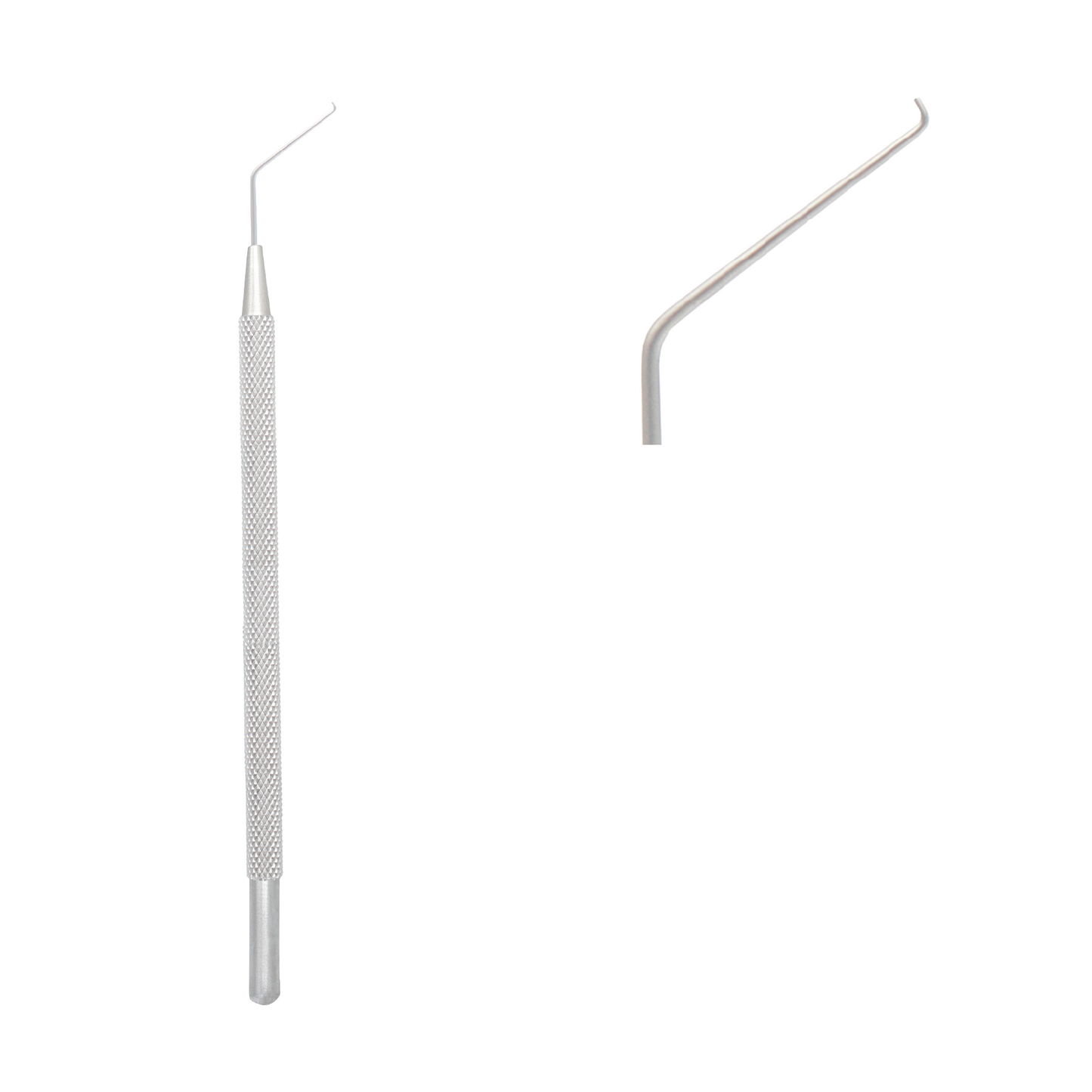 Close-up of a silver stainless steel surgical instrument with a knurled handle and a fine, angled tip, used for precision manipulation in eye or dental surgery.