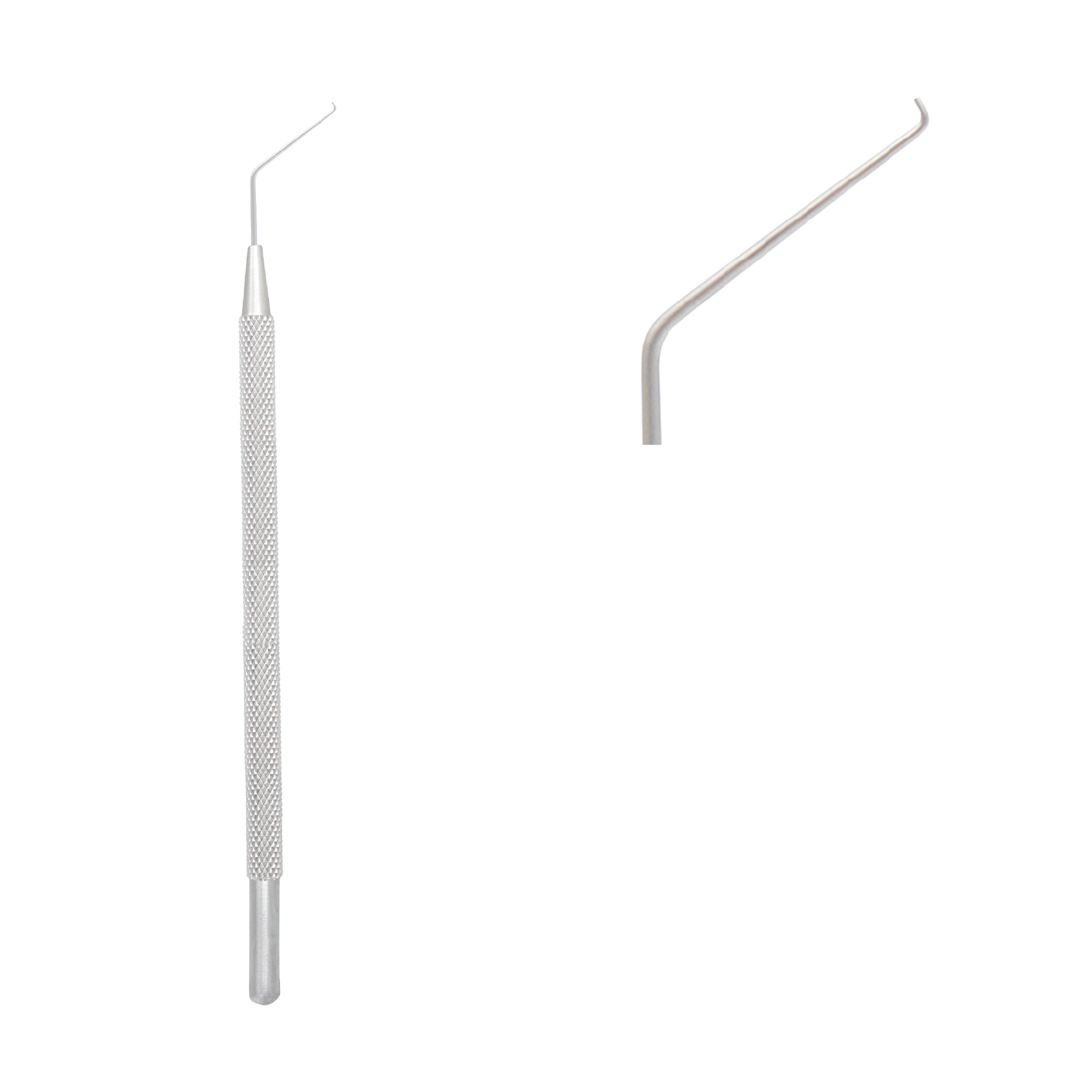 Close-up of a silver stainless steel surgical instrument with a knurled handle and a fine, angled tip, used for precision manipulation in eye or dental surgery.