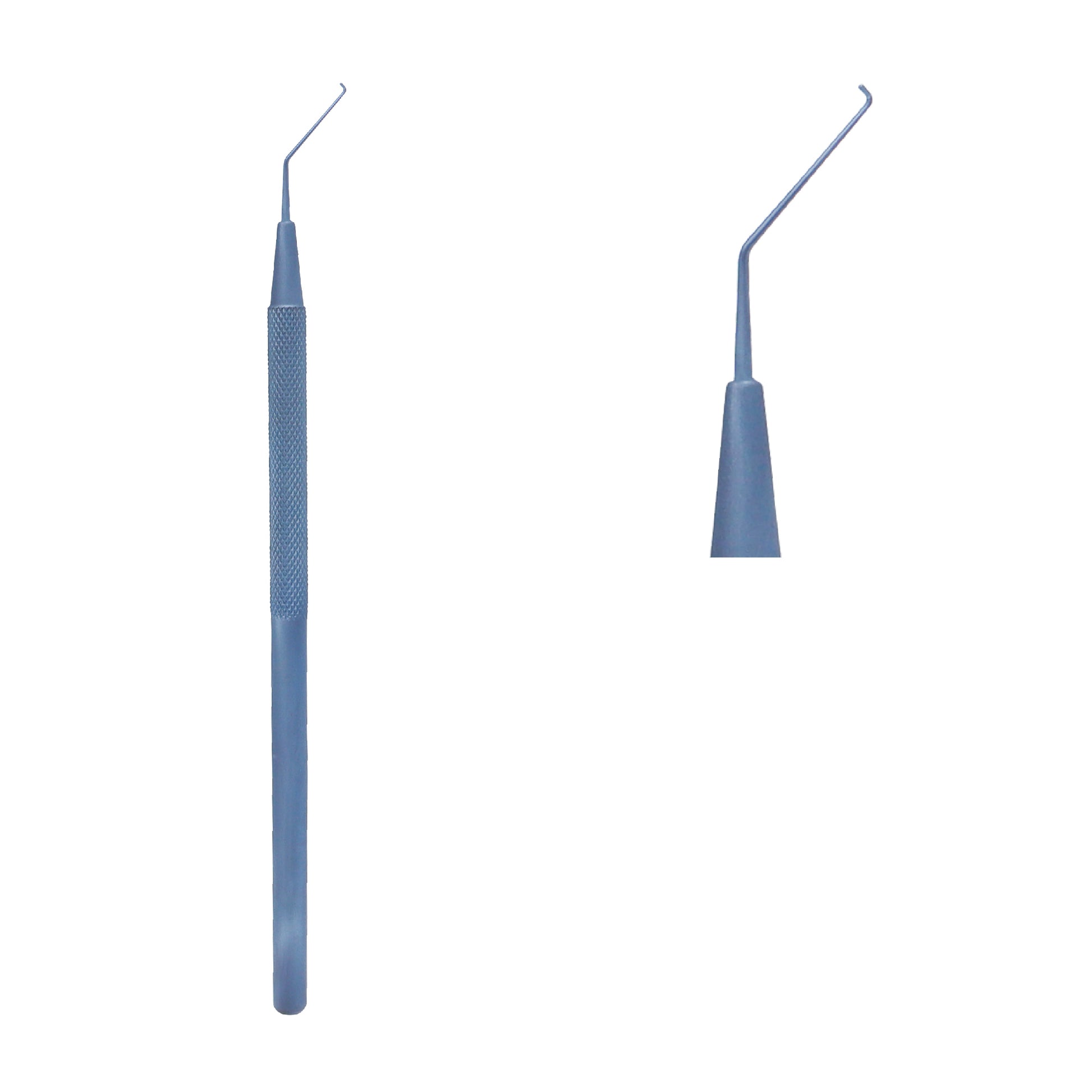 Close-up shot of the angled 0.2 mm tip of the blue titanium Sinskey Lens Hook designed for intraocular lens manipulation in ophthalmic surgery.