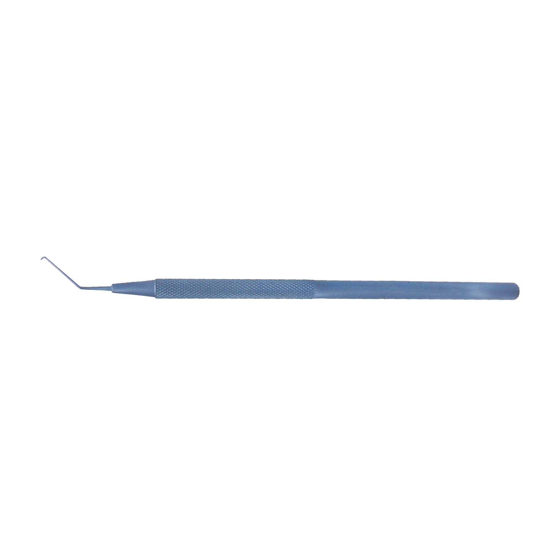 A blue Sinskey lens hook with a angled tip, used for intraocular lens manipulation in eye surgeries.