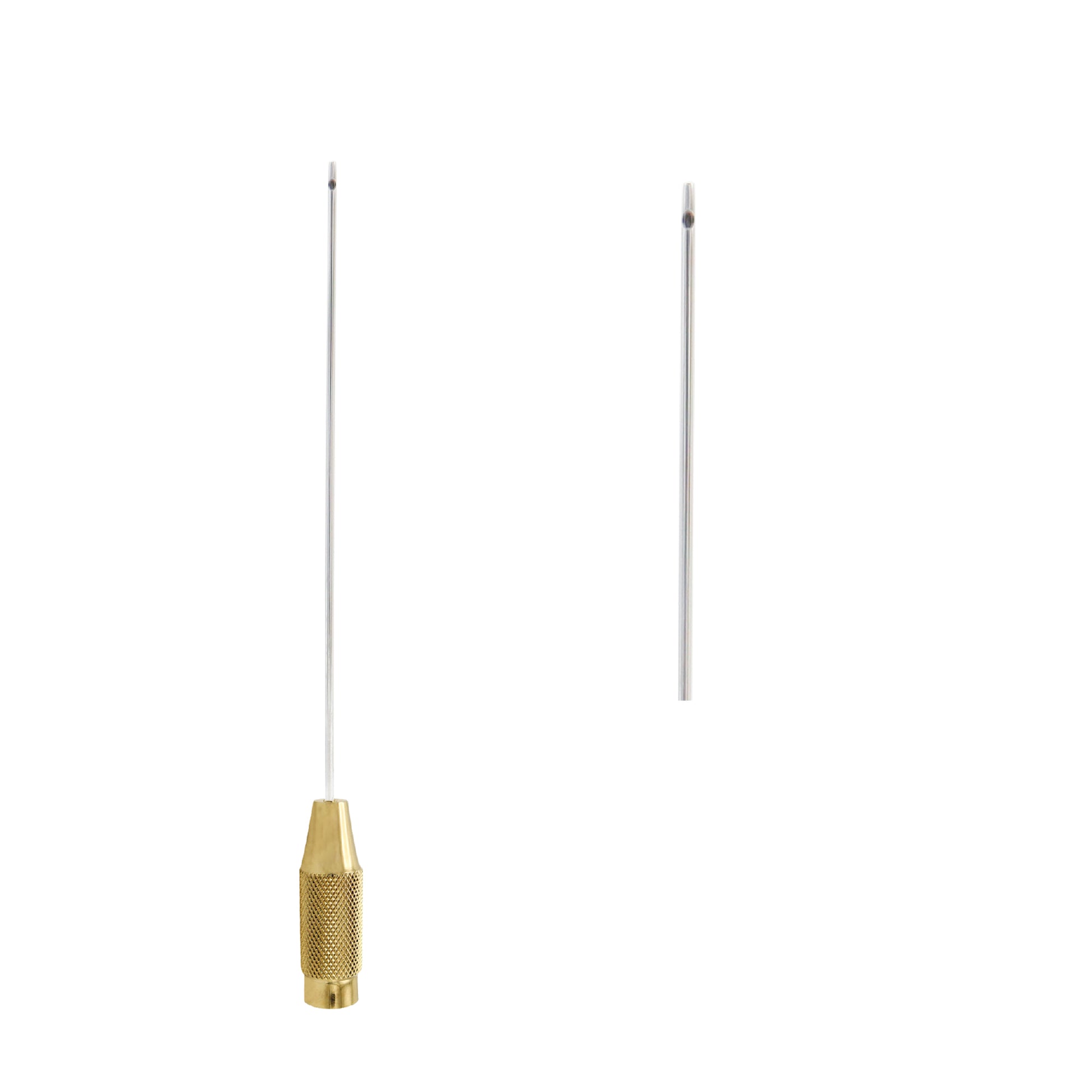 A slanting fine line painting pen with a gold-colored, knurled brass handle and a long, thin silver-colored applicator needle, used for precision car scratch repair, rock chip filling, and fine detailing in crafts.