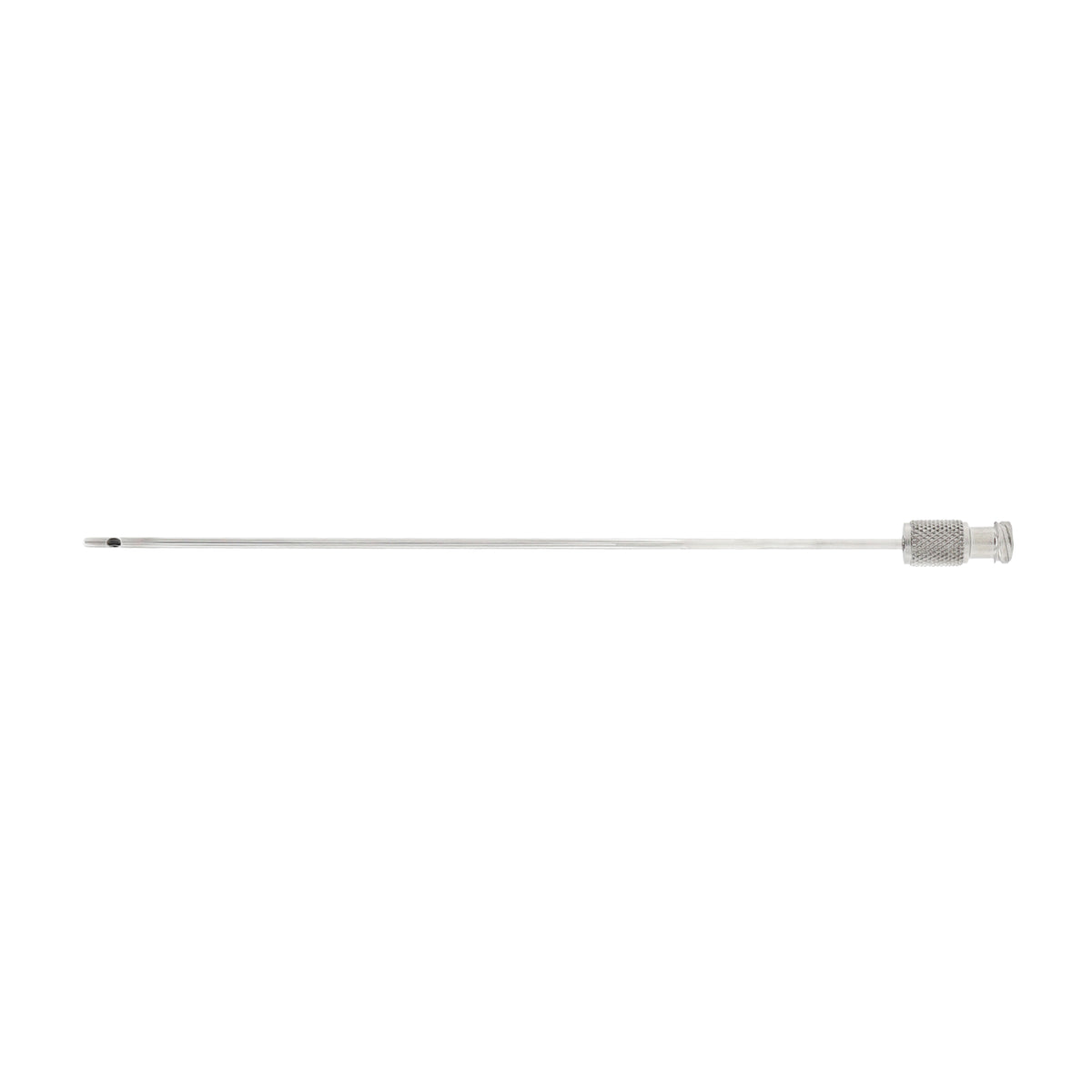 A slender neck liposuction cannula with a metallic tip and a clear flexible tube.