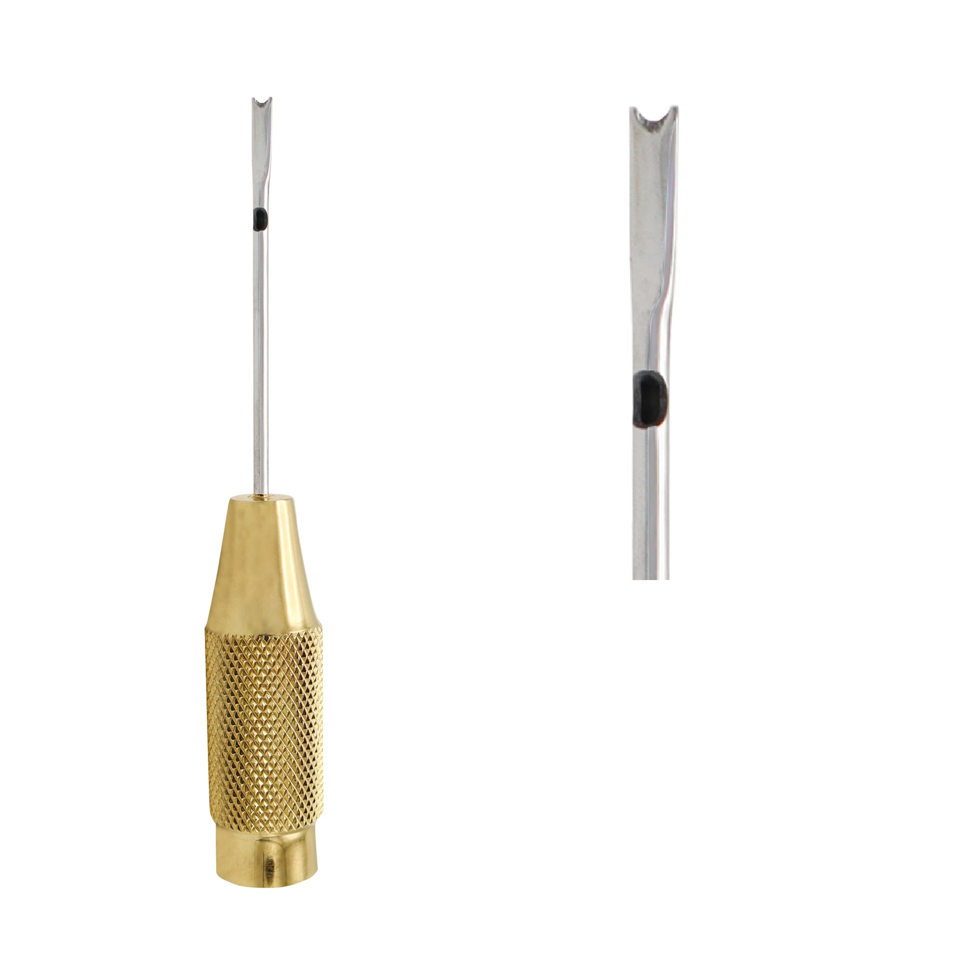 A surgical spatula-tip liposuction cannula featuring a knurled gold-colored handle and a stainless steel shaft with a single-port duckbill tip, shown with a detailed inset of the tip design.