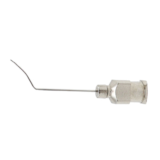 Spatulated irrigating cannula 26G used for precise fluid irrigation in ophthalmic surgical and eye care procedures