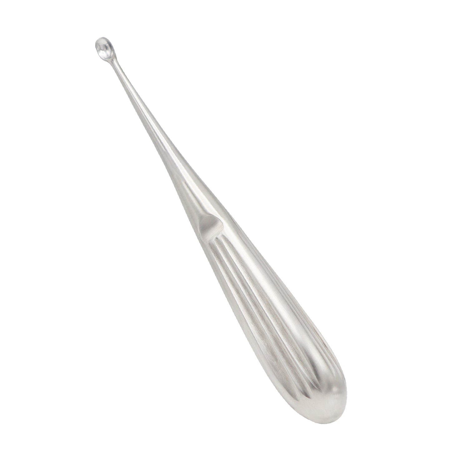 Spratt mastoid bone curette with an oval cup tip and a grooved ergonomic surgical handle, isolated on a white background.