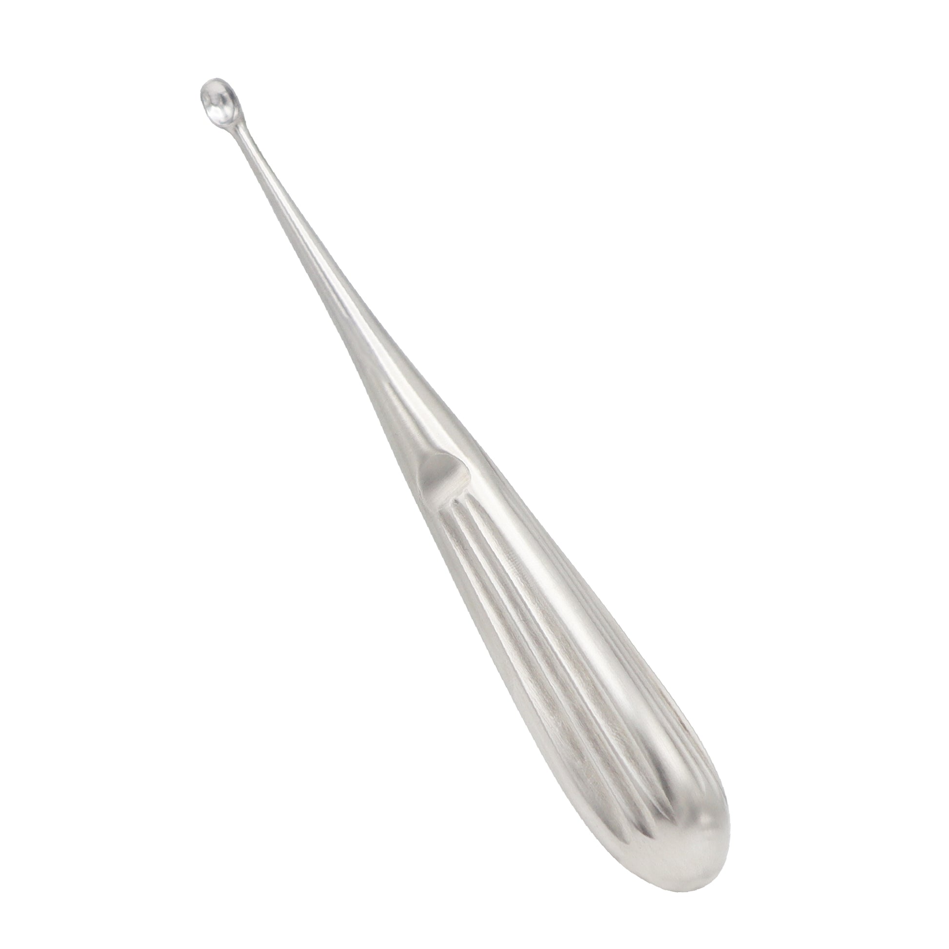 Spratt mastoid bone curette with an oval cup tip and a grooved ergonomic surgical handle, isolated on a white background.