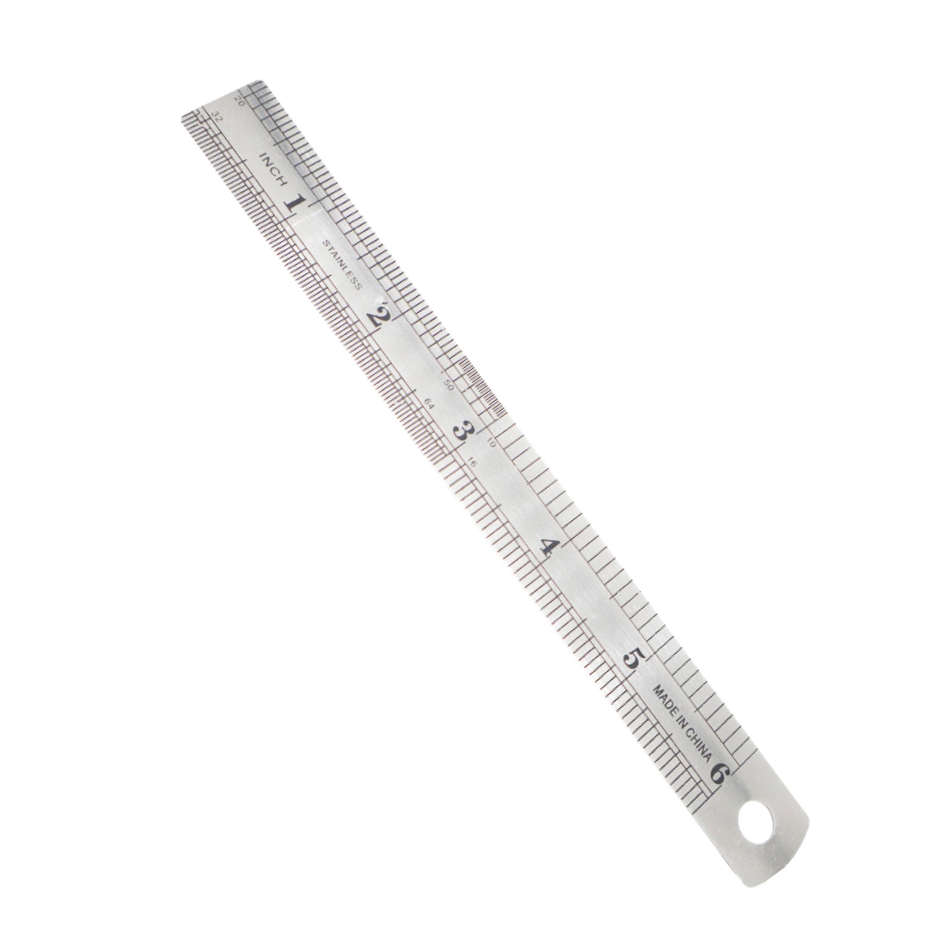 A 6-inch stainless steel precision ruler featuring etched markings for inches and millimeters, with a circular hanging hole at one end.