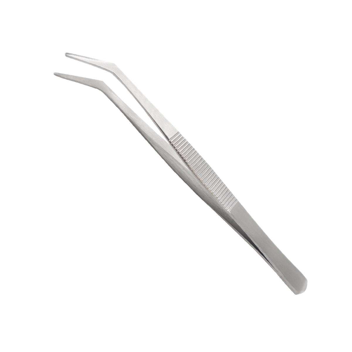 A pair of stainless steel precision tweezers with a curved tip and textured ribbed handle grip against a solid white background.
