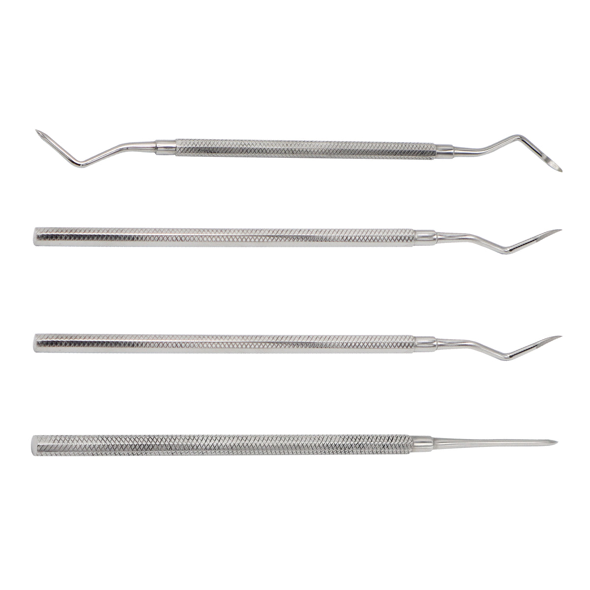 A 4-piece stainless steel dental instrument set featuring professional dental explorers, scrapers, and diagnostic probes with textured, knurled non-slip handles on a solid white background.