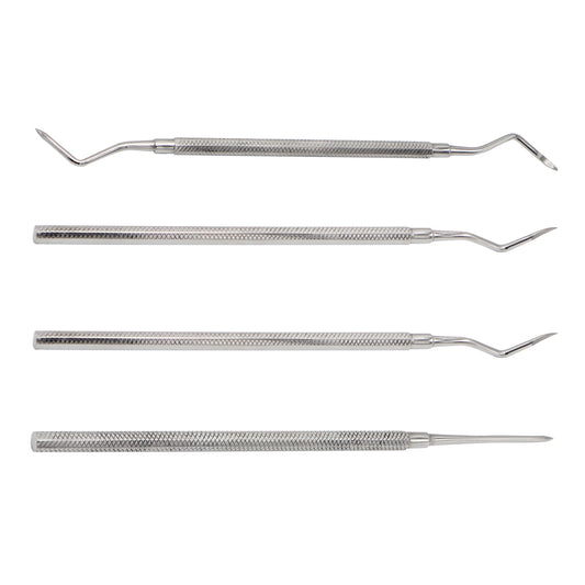 A 4-piece stainless steel dental instrument set featuring professional dental explorers, scrapers, and diagnostic probes with textured, knurled non-slip handles on a solid white background.