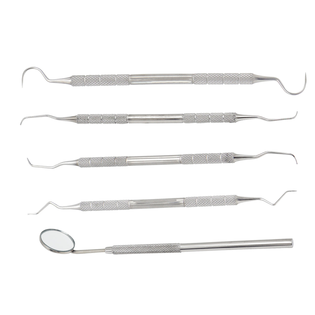 5-piece stainless steel dental instrument set featuring scalers, explorers, a carver, and a mouth mirror against a white background.