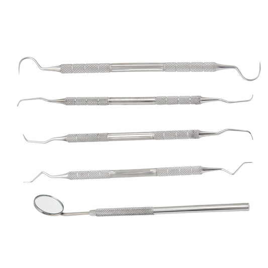 5-piece stainless steel dental instrument set featuring scalers, explorers, a carver, and a mouth mirror against a white background.