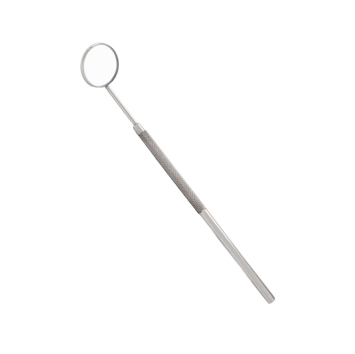 Stainless steel dental mouth mirror with a textured grip handle on a plain white background.