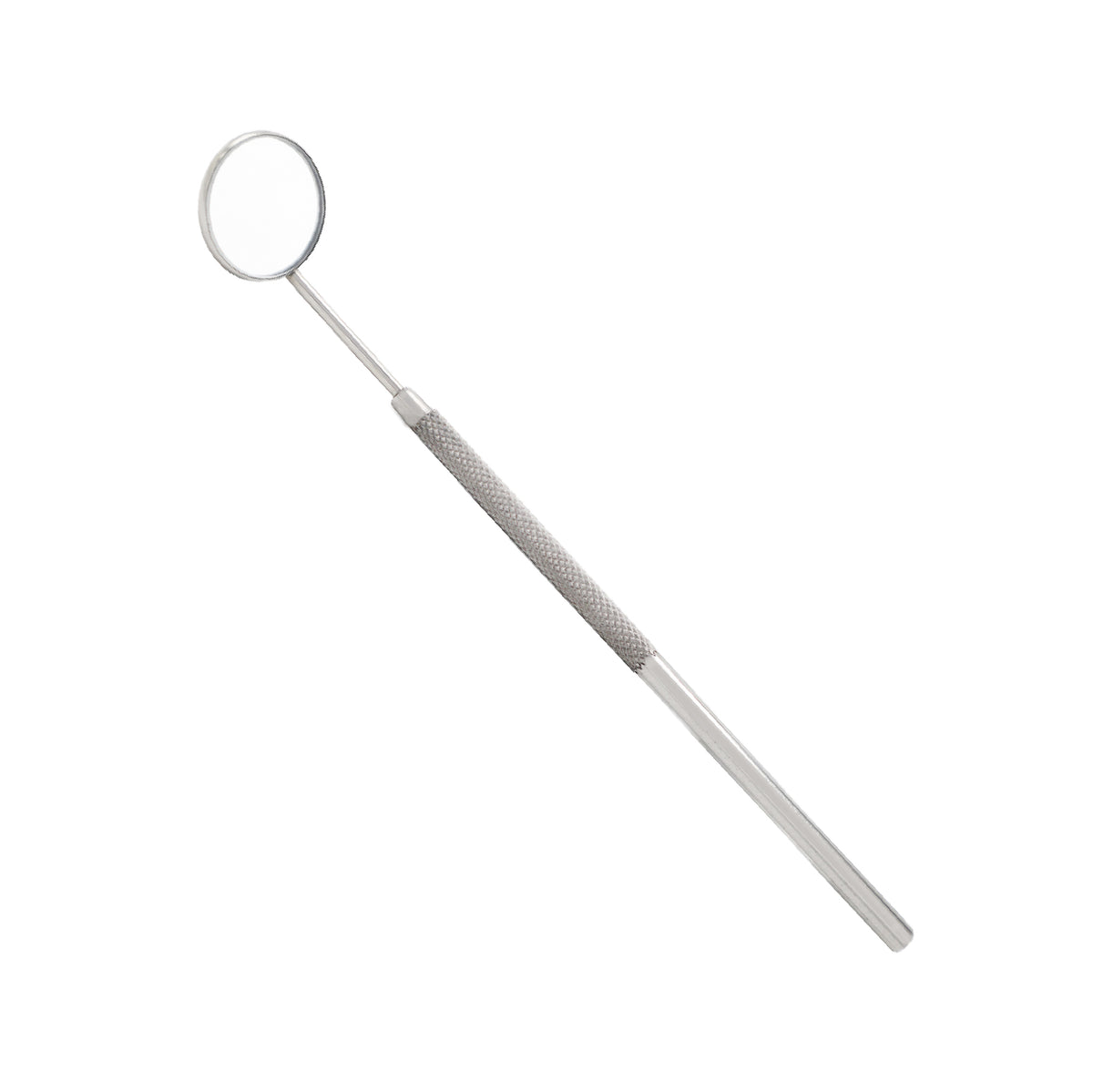 A high-quality stainless steel dental mouth mirror featuring a circular angled inspection glass and a textured, knurled anti-slip metal handle, isolated on a clean white background.