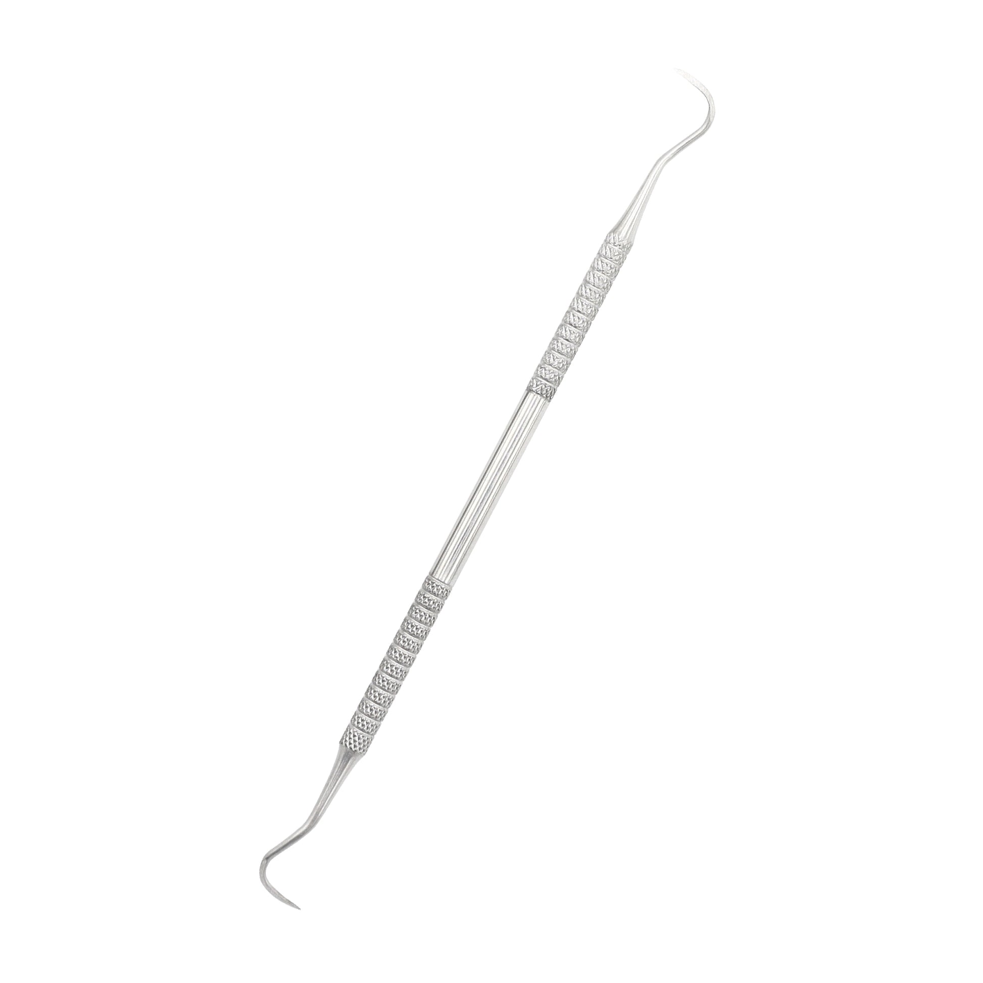 A double-sided silver metal dental pick and explorer tool used for plaque removal and dental examinations.