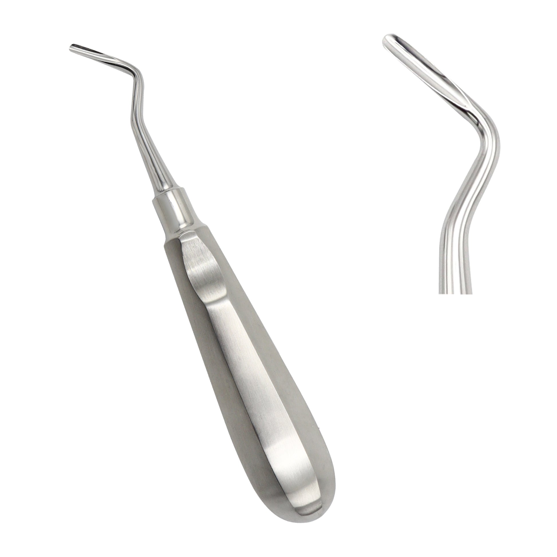 Stainless steel dental root elevator tool with a metallic grip handle and a curved sharp-angled tip shown against a clean white background.