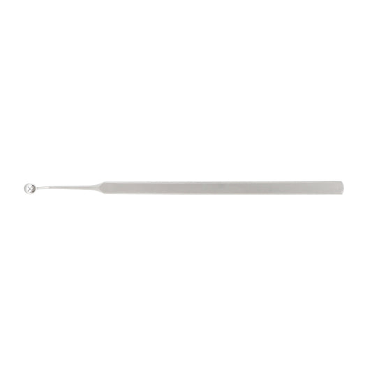 Fox dermal curette stainless steel surgical instrument with a flat handle and sharp circular loop tip, isolated on a white background.