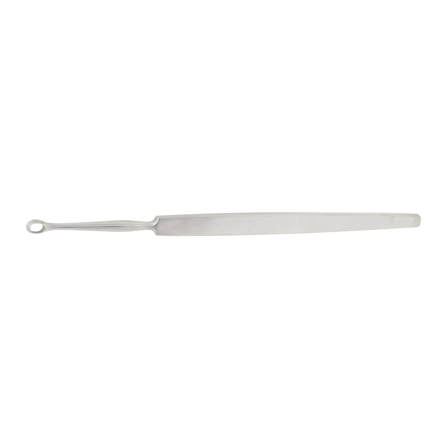 Stainless steel Fox dermal curette surgical instrument with a flat handle and single round loop loop tip on a white background.