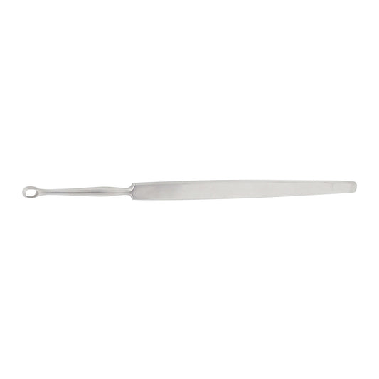 Stainless steel Fox dermal curette surgical instrument with a flat handle and single round loop loop tip on a white background.