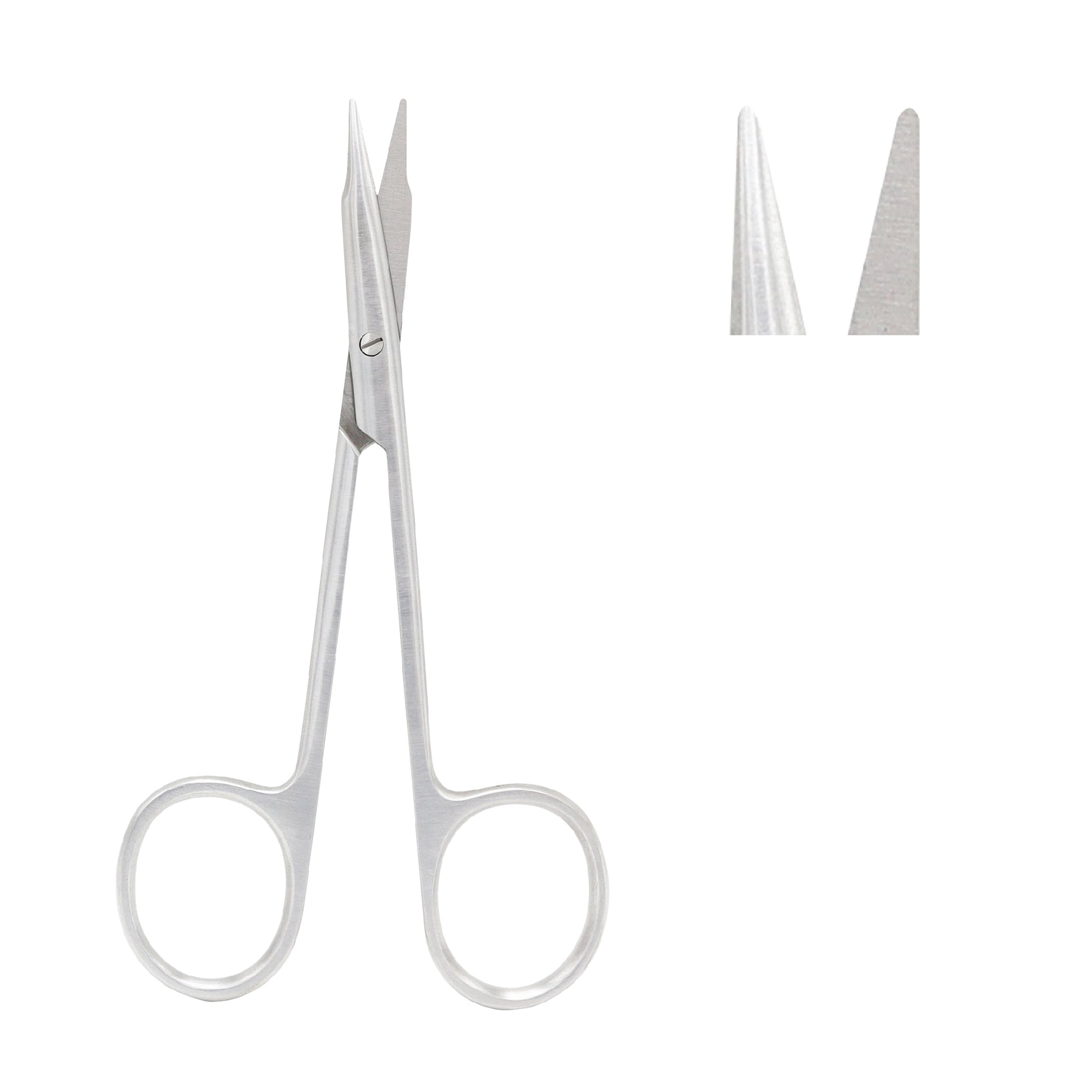 Medical-grade stainless steel Iris scissors used for fine tissue dissection, featuring finger ring handles and precision-ground straight blades.
