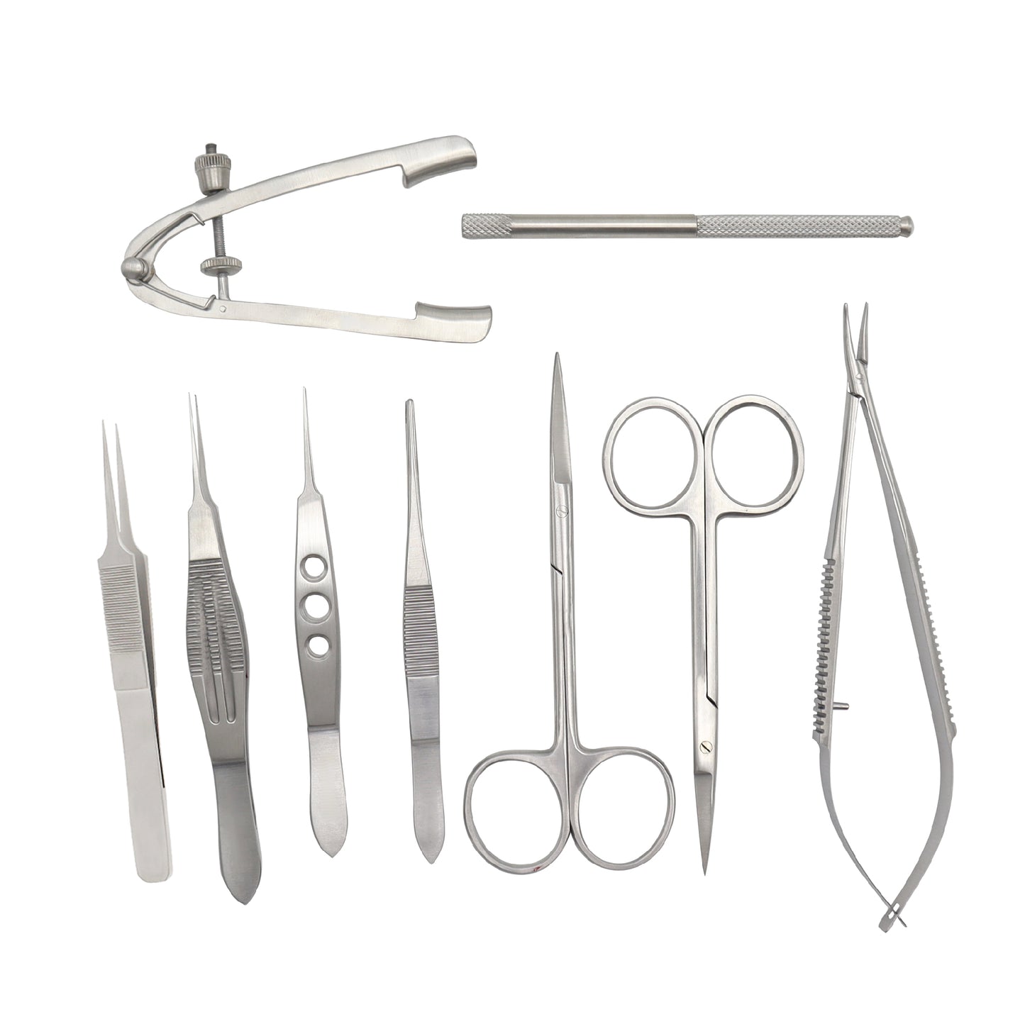 A 9-piece set of stainless steel ophthalmic surgical instruments, including forceps, scissors, a needle holder, and an eye speculum, arranged against a white background.