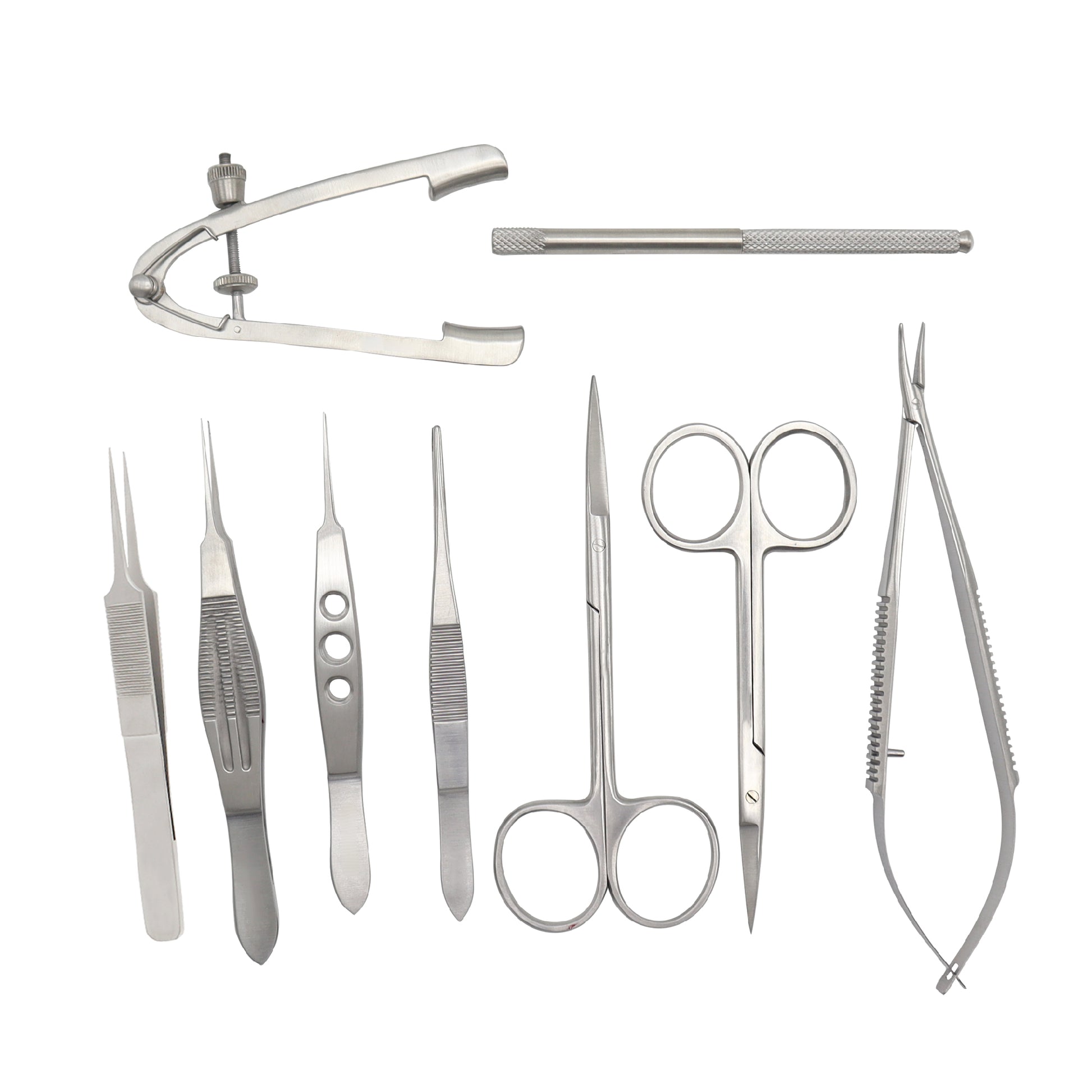 A 9-piece set of stainless steel ophthalmic surgical instruments, including forceps, scissors, a needle holder, and an eye speculum, arranged against a white background.
