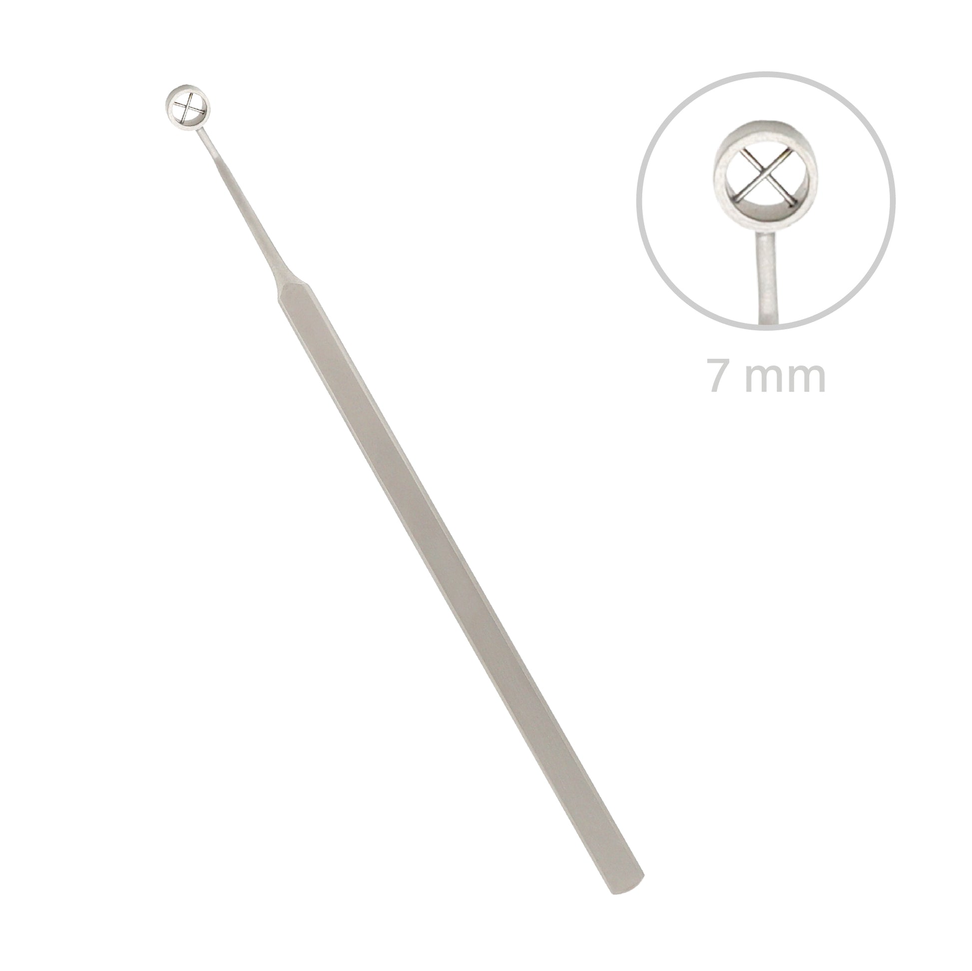 Medical grade Fox Dermal Curette surgical instrument featuring a long flat handle and a sharpened round loop tip, isolated on a white background.