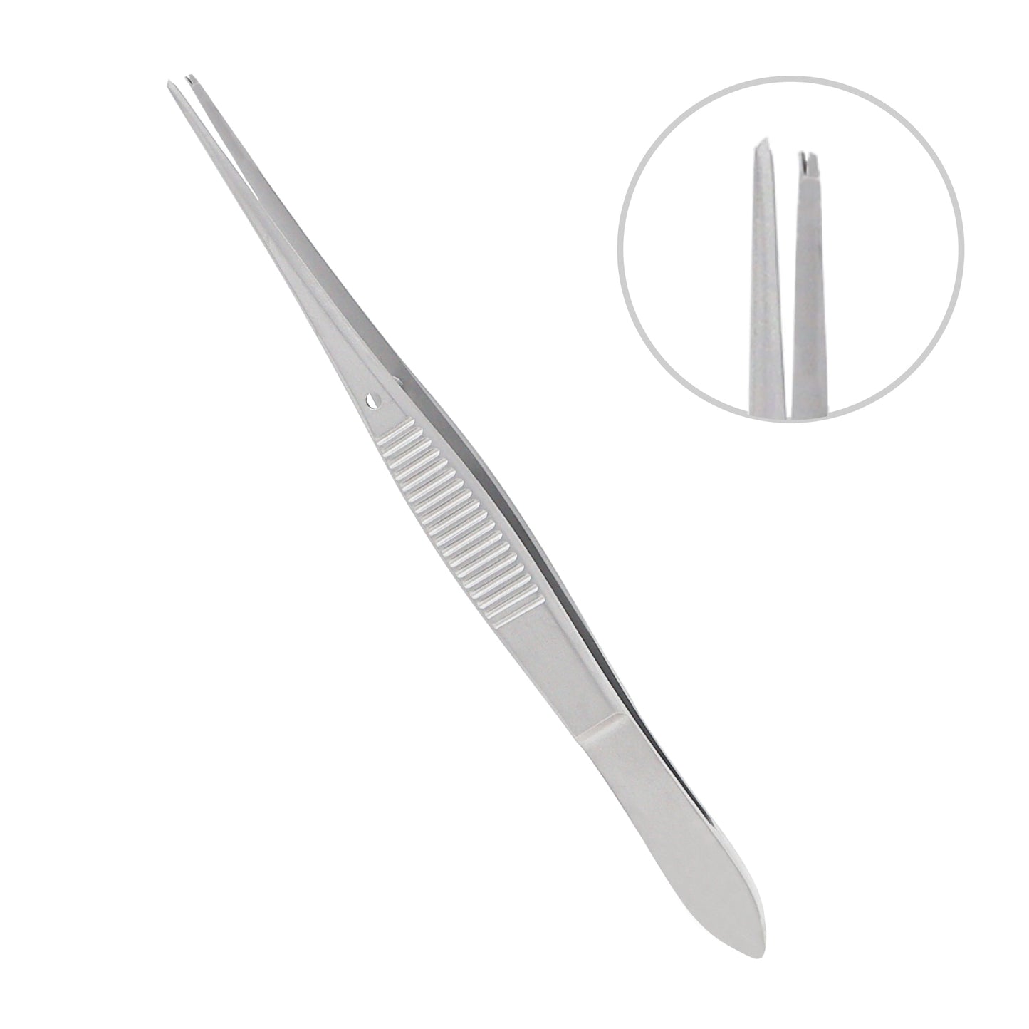 Stainless steel iris forceps with 0.9 mm precision tips used for delicate eye and microsurgical operations
