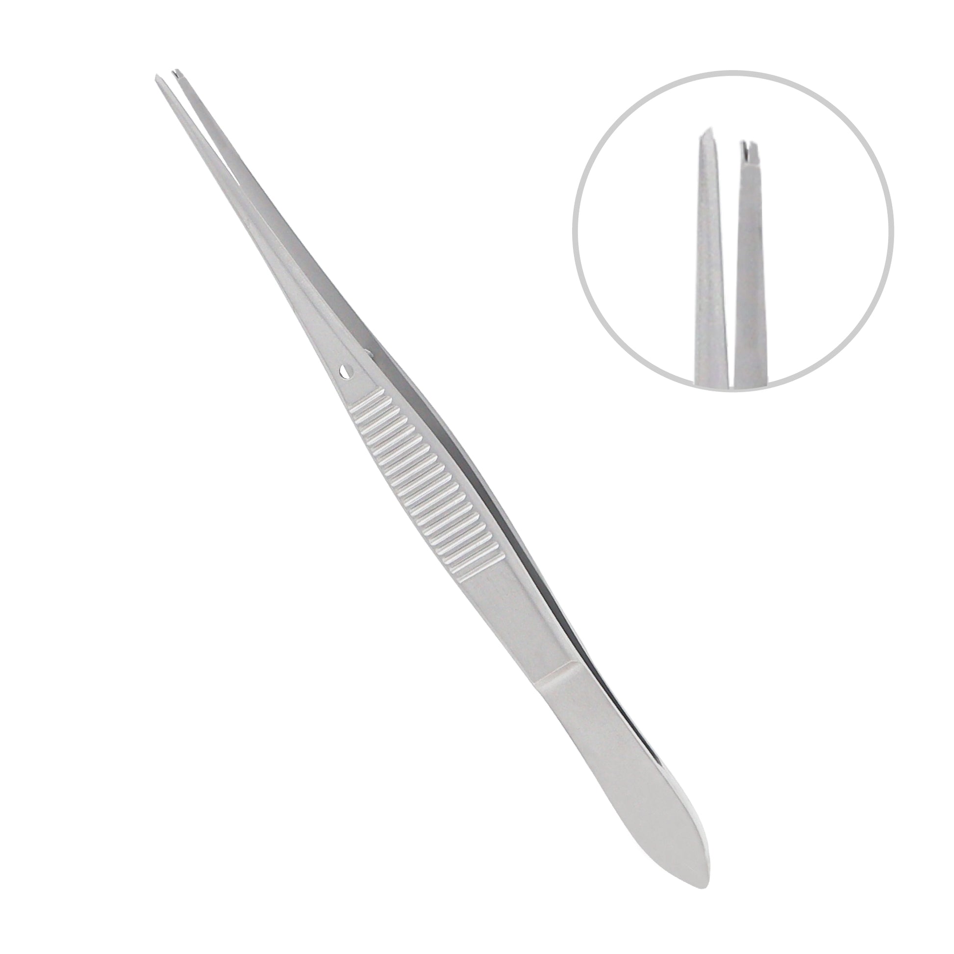 Stainless steel iris forceps with 0.9 mm precision tips used for delicate eye and microsurgical operations