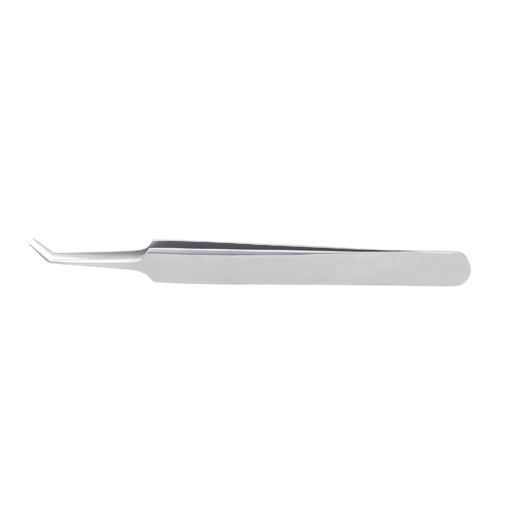 A stainless steel jewelers forceps with an angled design, with overall length of 11.5 cm.