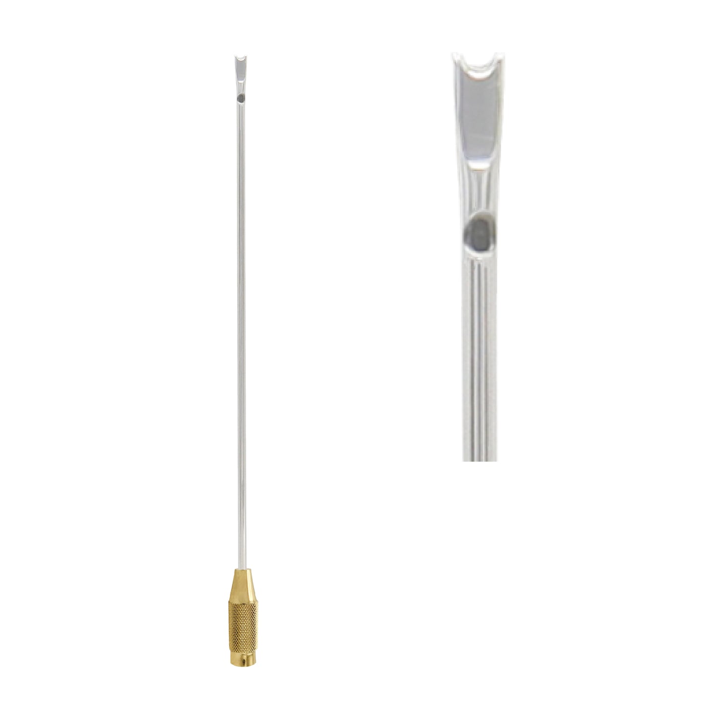 A professional-grade stainless steel liposuction cannula featuring a knurled brass handle and a single-port aspiration tip, shown with a detailed close-up of the surgical instrument's distal end.