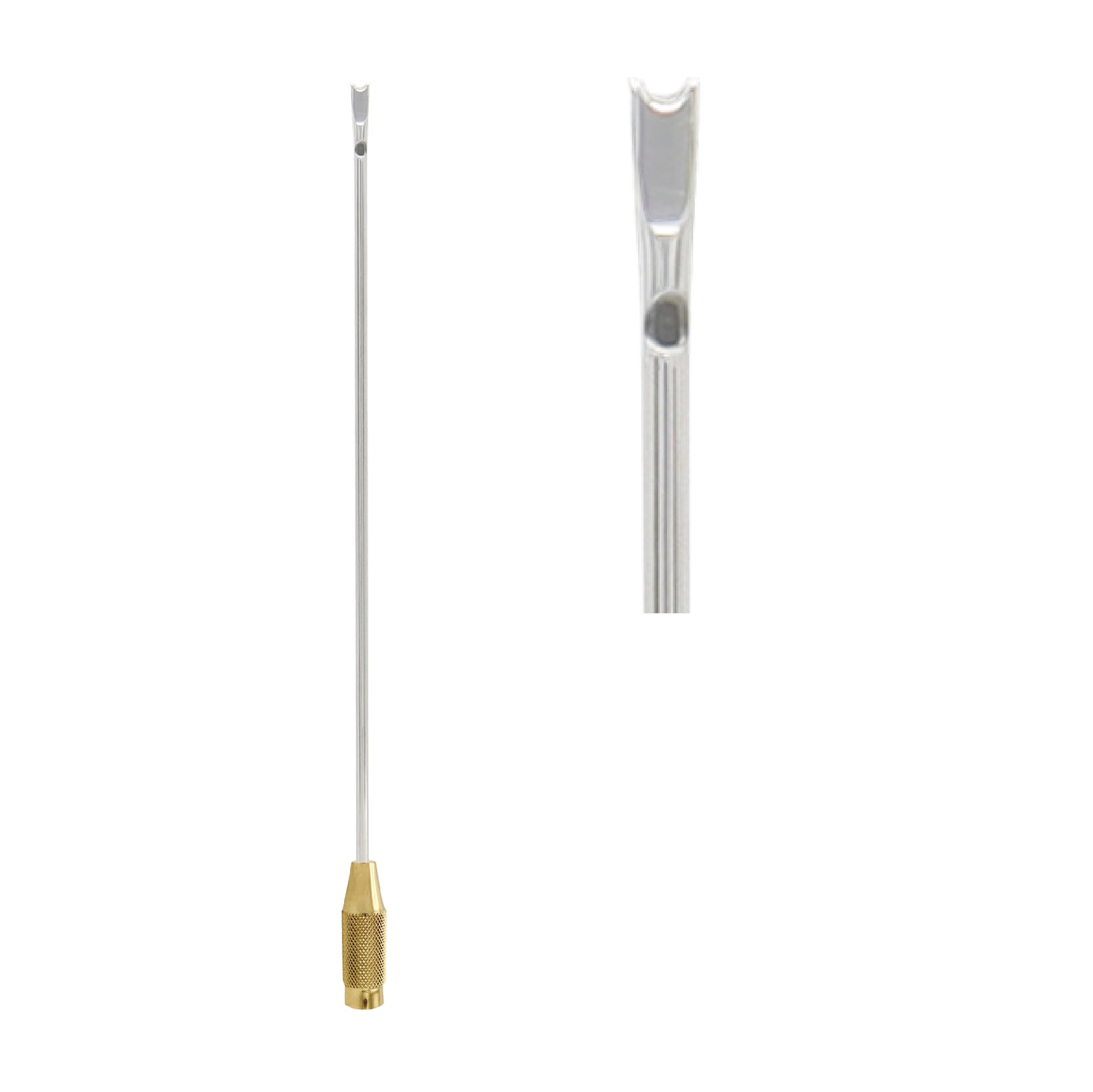 A long, slender stainless steel liposuction cannula featuring a textured gold-plated handle at the base and a specialized aspiration tip with a notched port for fat harvesting.