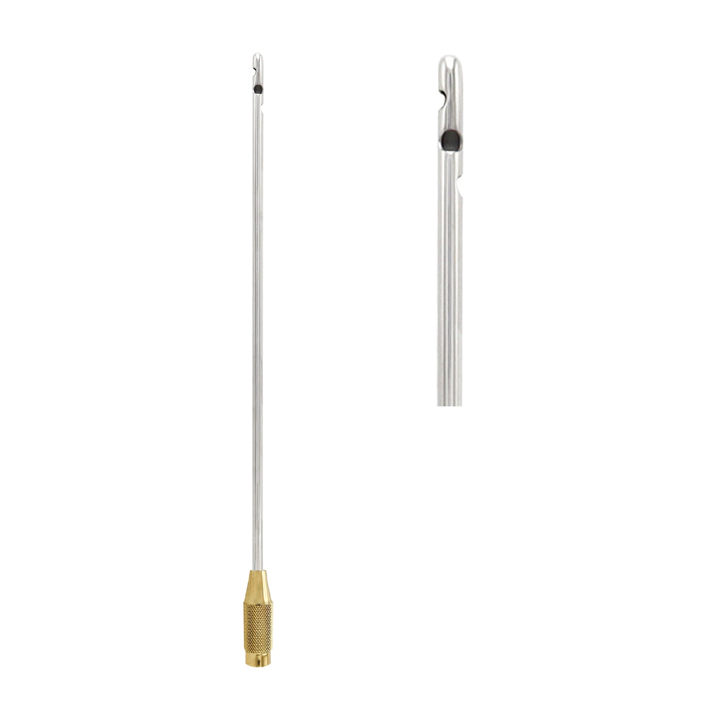 A surgical stainless steel liposuction cannula with a single side port and a gold-toned Luer lock hub, shown alongside a close-up of its rounded tip.