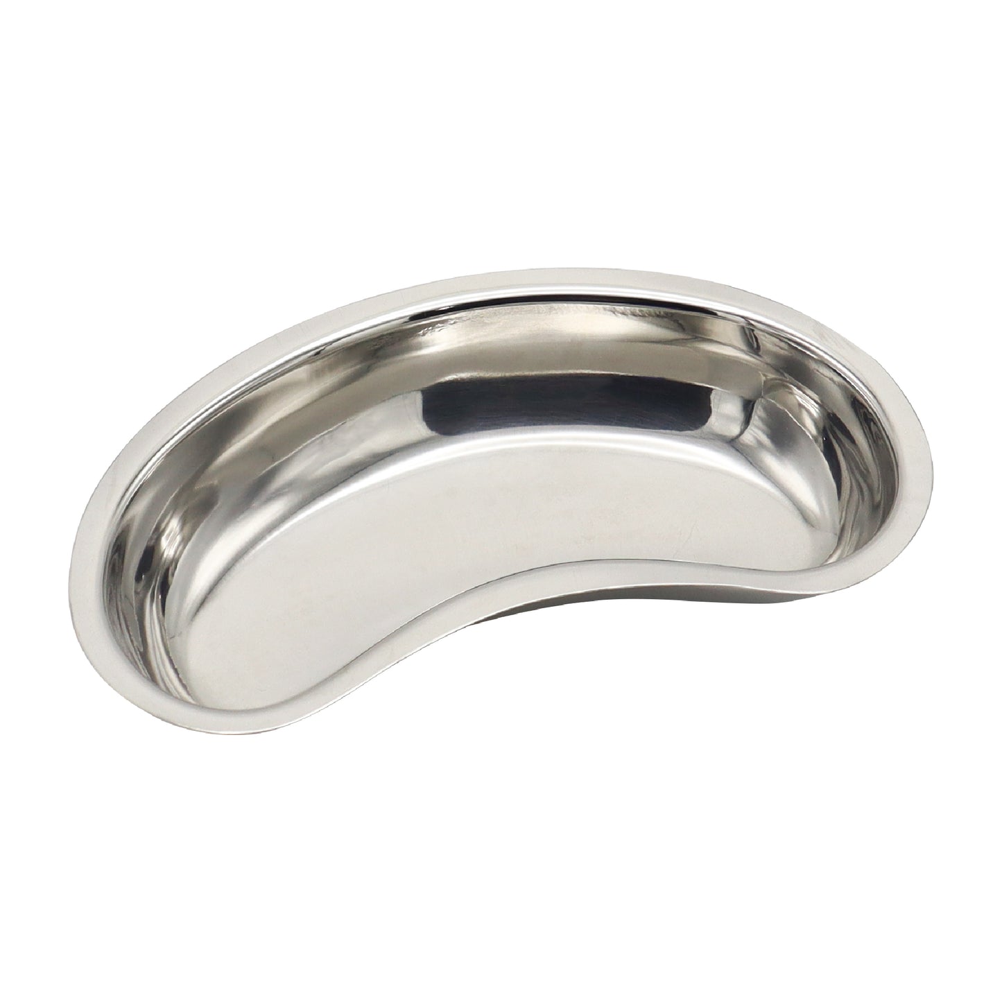 Polished stainless steel medical kidney tray for clinical and surgical tool organization.