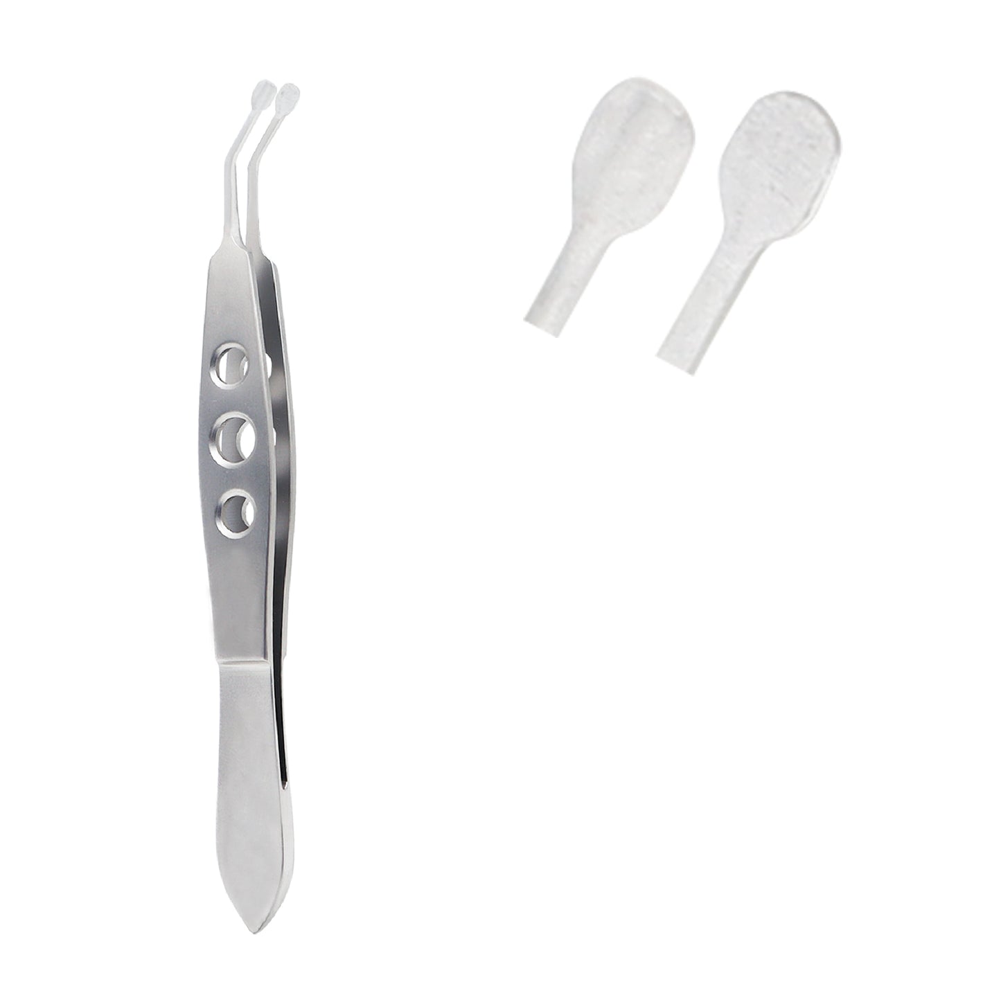 stainless steel Meibomian Gland Expressor Forceps with angled, paddle-shaped tips and a three-hole grip handle, shown alongside two separate paddle attachments on a white background.