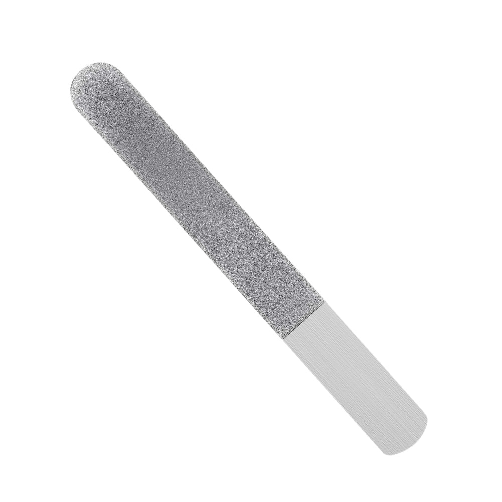 Classic stainless steel metal nail file with textured abrasive surface and smooth handle on a white background.